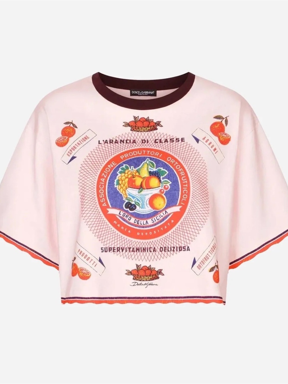 Dolce & Gabbana Pink Fruit-Graphic Cropped Tee with Contrast Trim